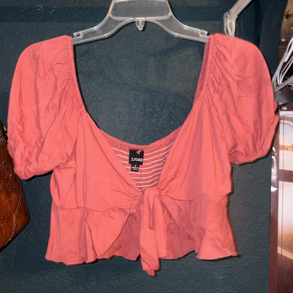 Ljoah Coral Tie-Front Puff Sleeve Crop Top